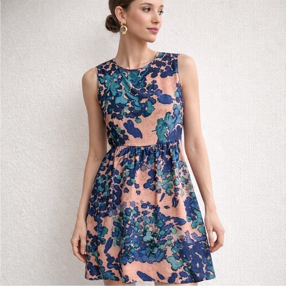 Peruvian Connection Beige Blue Floral Print Silk Sleeveless Dress Sz 12